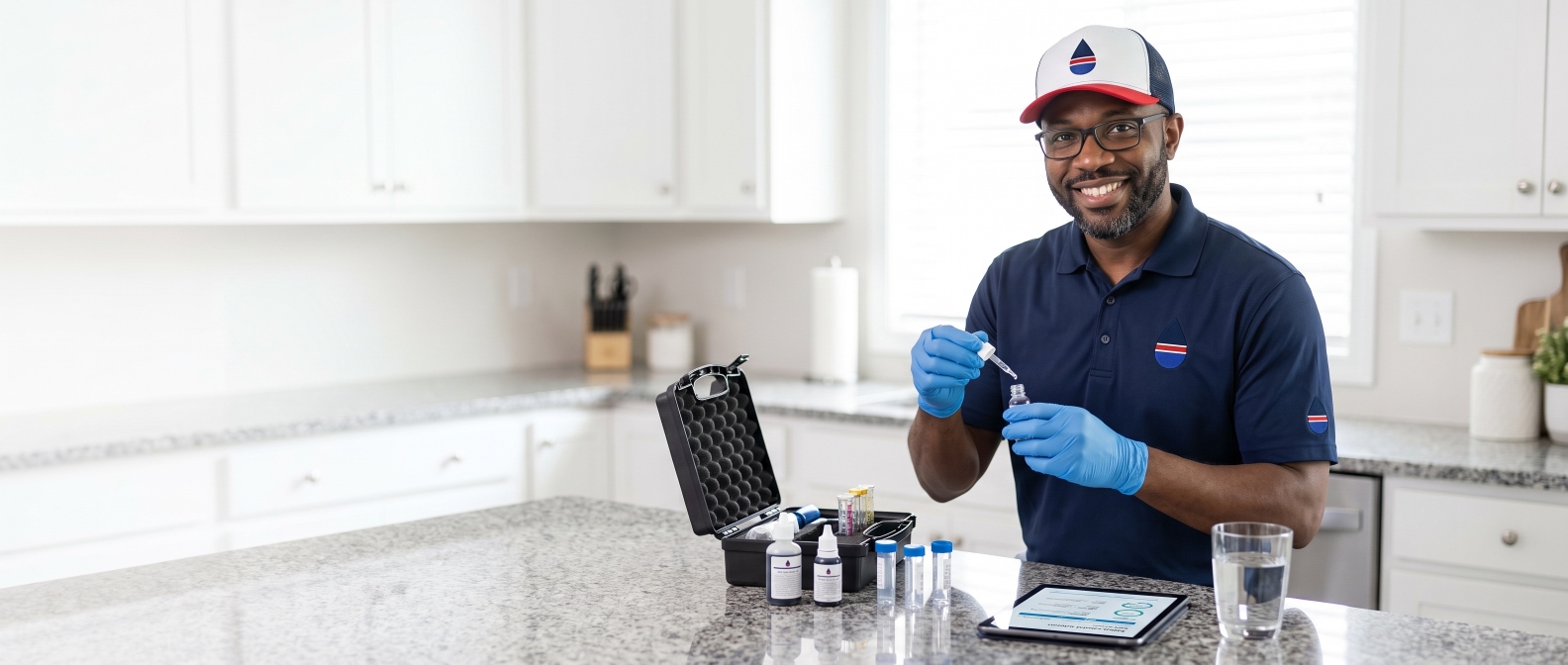 A USA Water Company technician testing tap water in a customer's kitchen